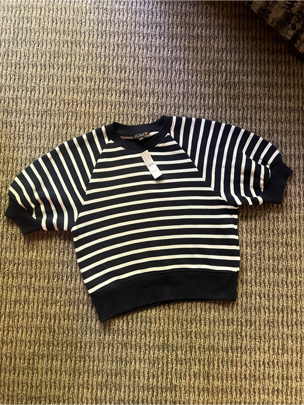 J. Crew Heritage Terry Puff Short Sleeve Sweatshirt in navy and white stripe S